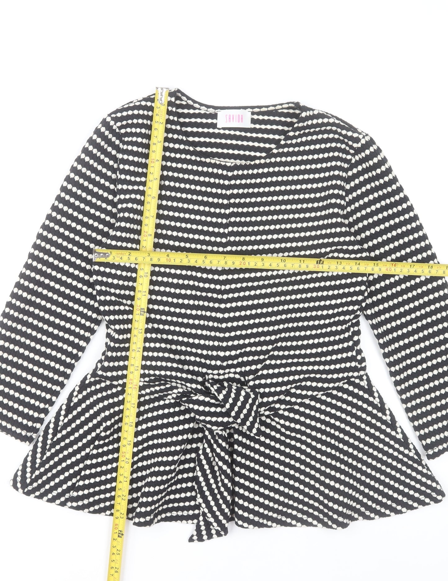Savida Women's Black White Striped Wrap Long Sleeve Peplum Blouse XS