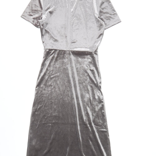 Zara Women Silver Bodycon Velvet Midi Dress Size 8