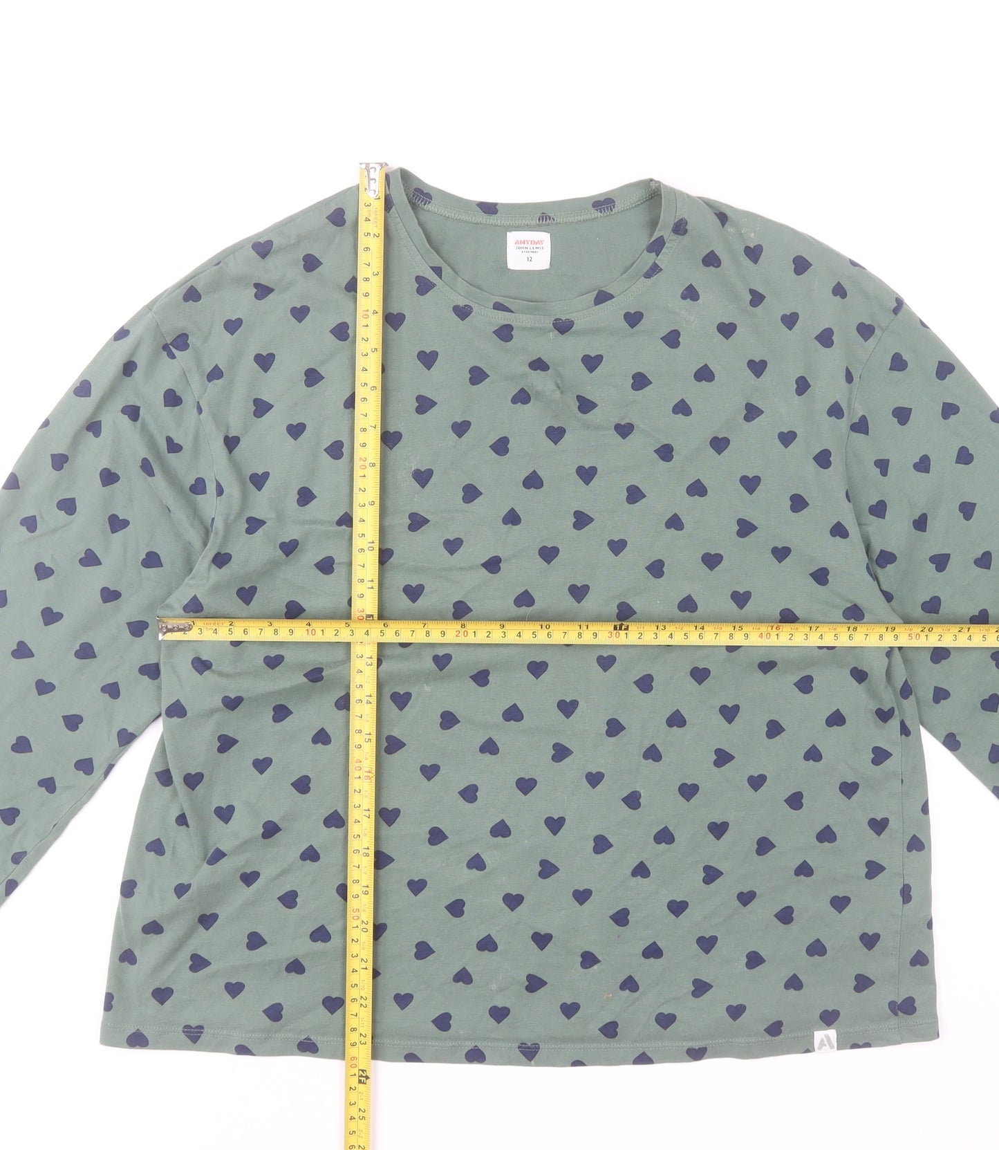 John Lewis Women’s Green Heart Print Long Sleeve Cotton T-Shirt Size 12