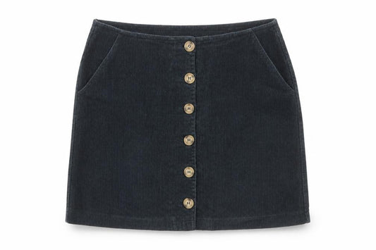 Front view of Warehouse Women Black Corduroy A-Line Button Skirt, size 12