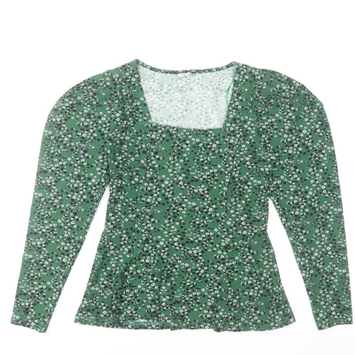 Natura Women’s Green Floral Long Sleeve Square Neck Blouse Size S