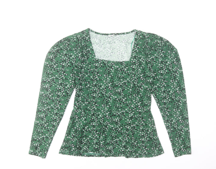 Natura Women’s Green Floral Long Sleeve Square Neck Blouse Size S