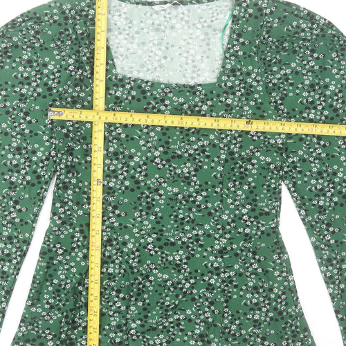 Natura Women’s Green Floral Long Sleeve Square Neck Blouse Size S