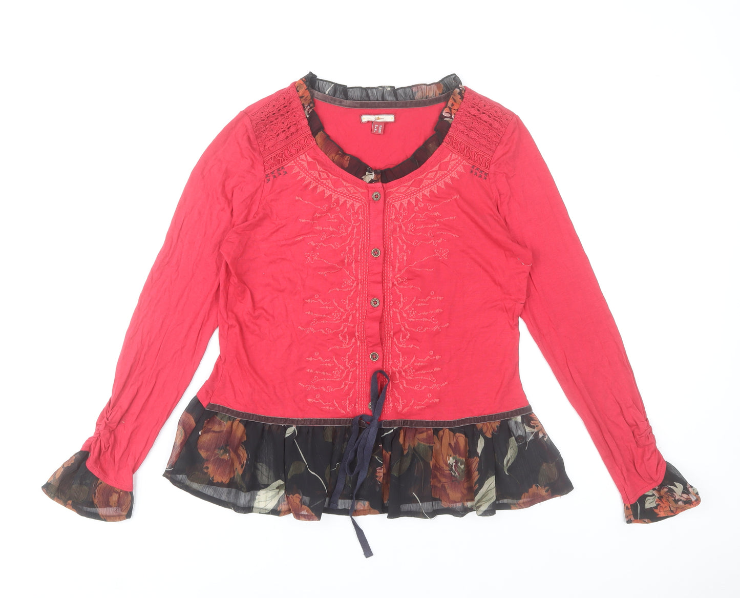 Joe Browns Women Red Floral Trim Tunic Blouse UK 10 Long Sleeve