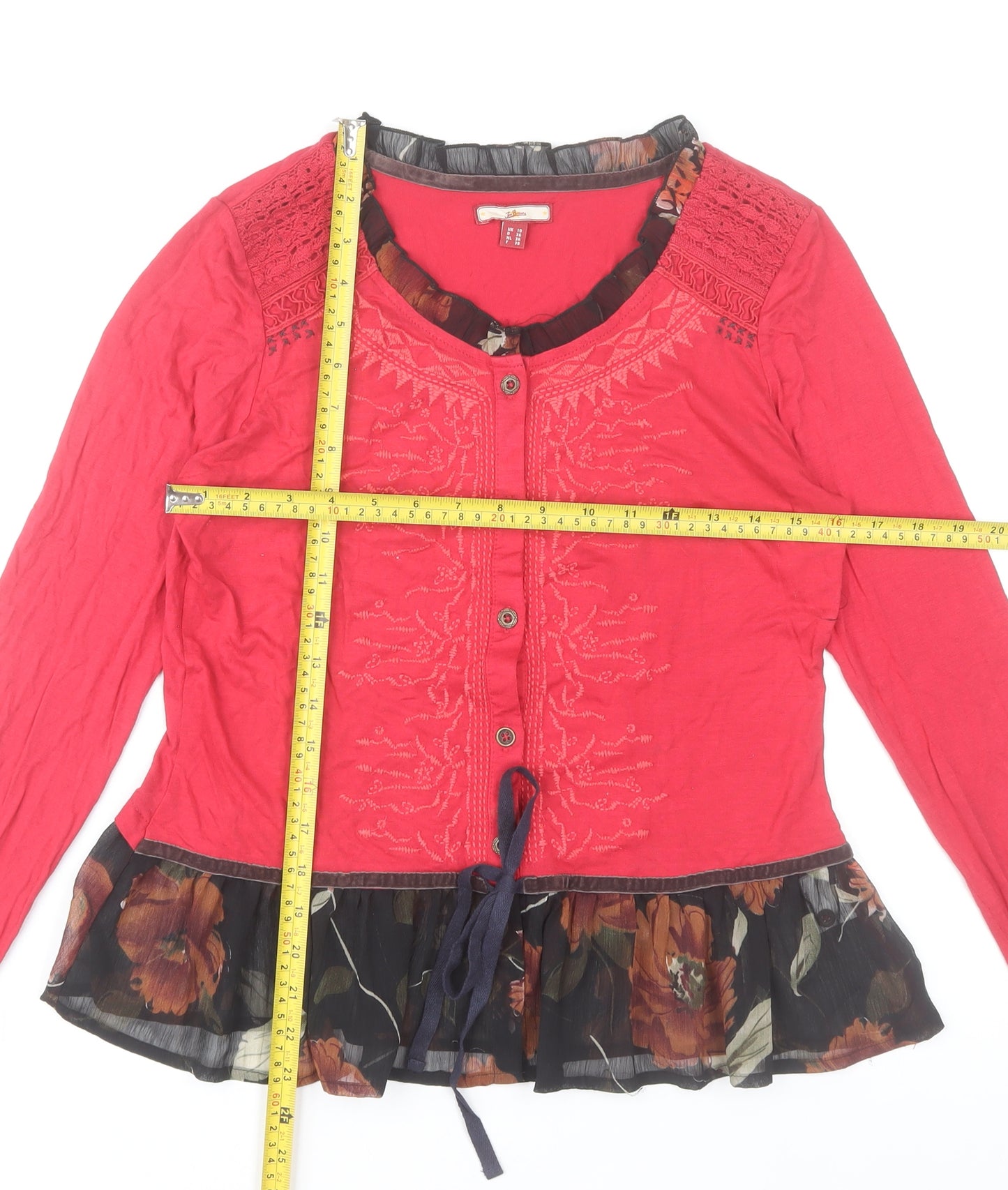 Joe Browns Women Red Floral Trim Tunic Blouse UK 10 Long Sleeve