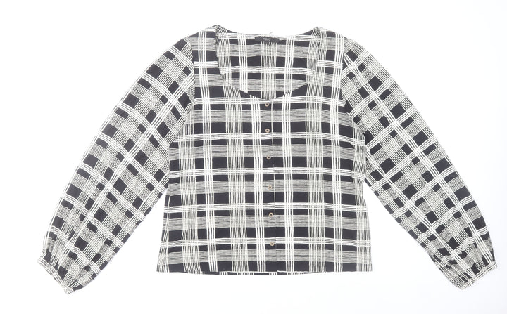 Next Womens Black Check Long Sleeve Relaxed Blouse Size 14