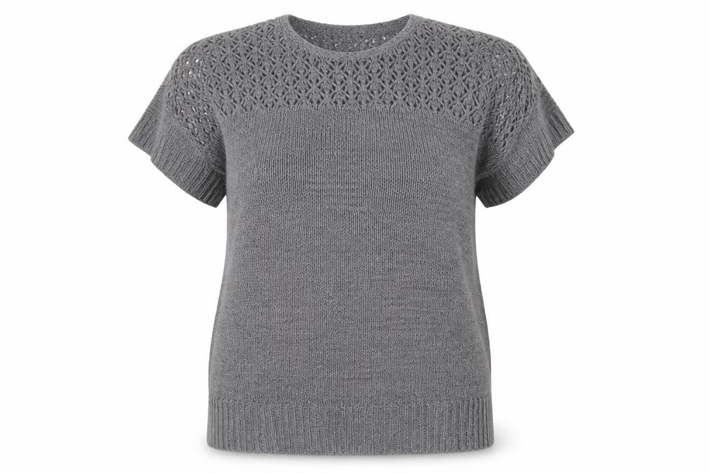 Front view of Evans Women’s Grey Short Sleeve Open-Knit jumper, size UK 18