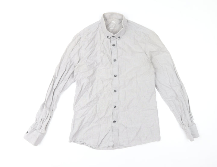 Dunnes Stores Men's Grey Slim Fit Cotton Long Sleeve Button-Up Shirt Size S