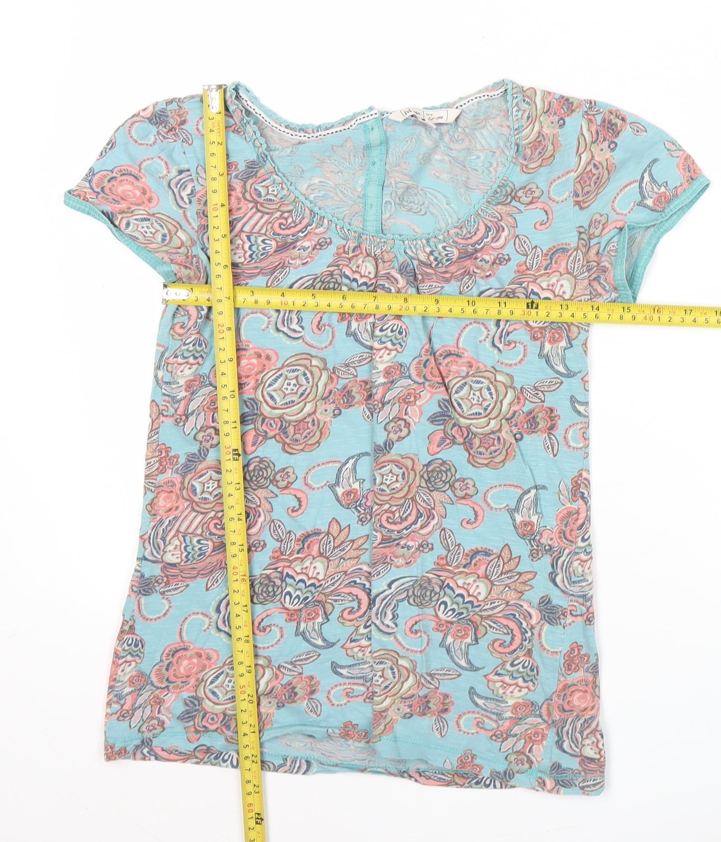 Fat Face Women's Blue Floral Cotton Short Sleeve T-Shirt Size 8