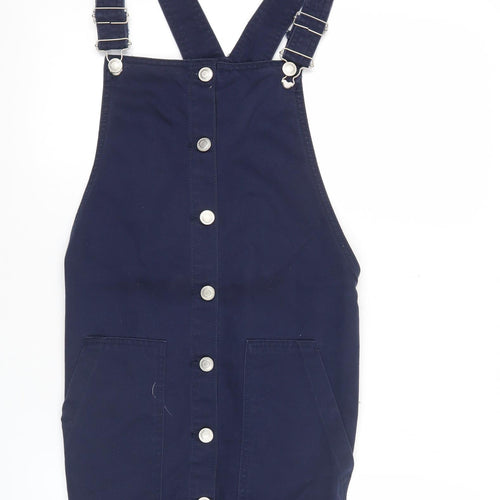 Bershka Women Blue Cotton Pinafore Dress Size 12 Casual Button Front