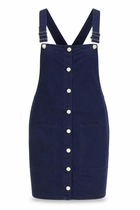 Front view of Bershka Women Blue Cotton Pinafore Dress, size 12, Casual Button Front