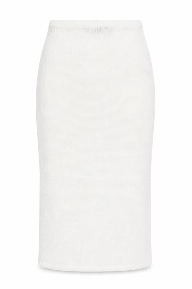 Front view of PRETTYLITTLETHING Women's White Knit Midi Pencil Skirt, size 8