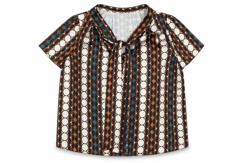 Front view of Pala D'Oro Women's Multicoloured Geometric Bow Tie Blouse, size 14