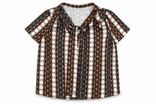 Front view of Pala D'Oro Women's Multicoloured Geometric Bow Tie Blouse, size 14