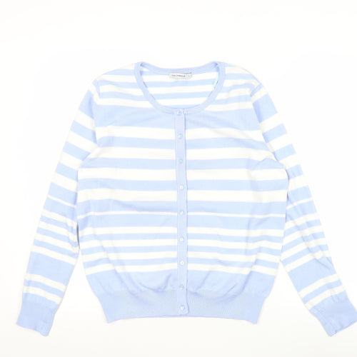 FULLCIRCLE Women Blue Striped Cardigan L Lightweight Knit