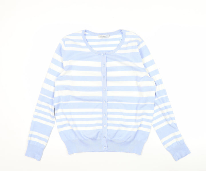 FULLCIRCLE Women Blue Striped Cardigan L Lightweight Knit
