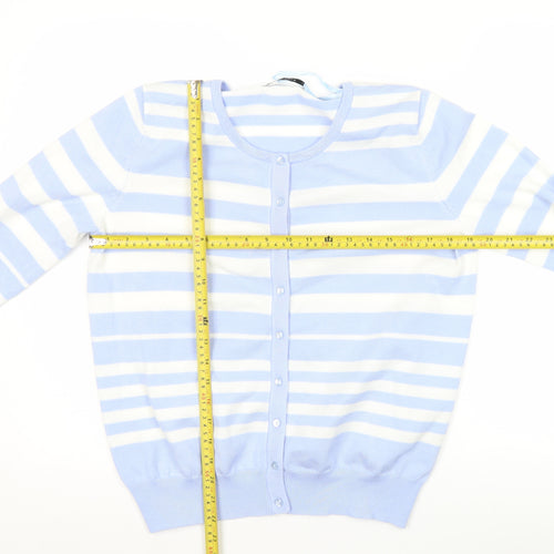 FULLCIRCLE Women Blue Striped Cardigan L Lightweight Knit