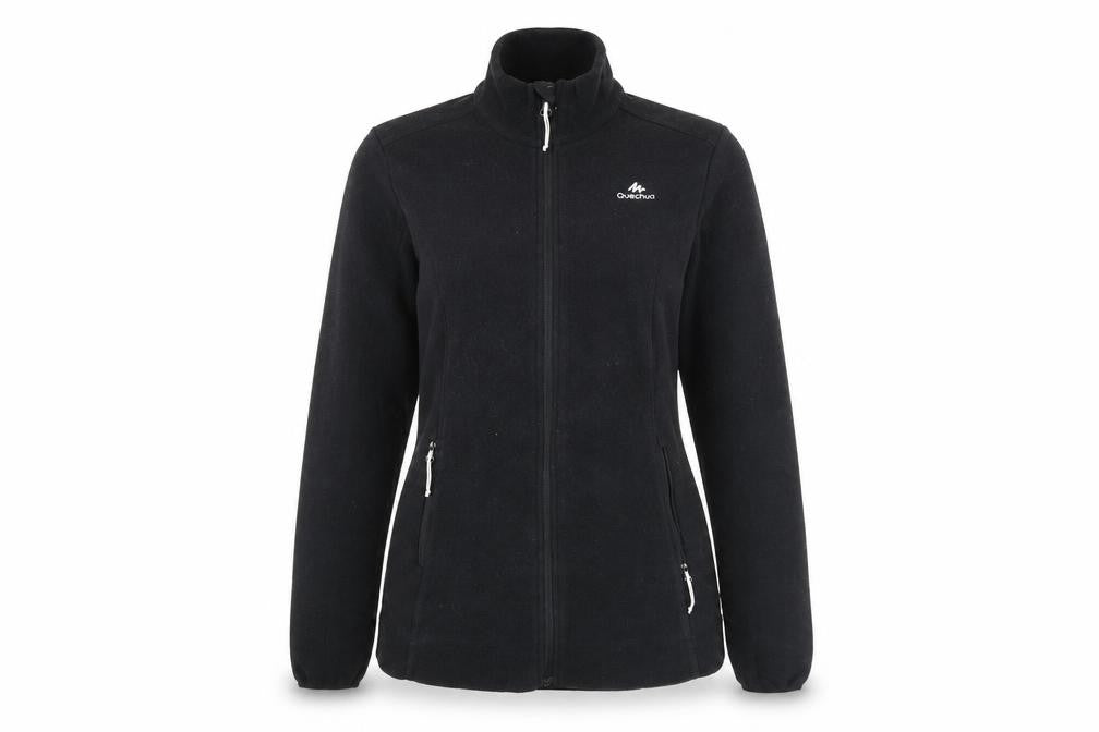 Front view of Quechua women’s black xs fleece full zip outdoor jacket