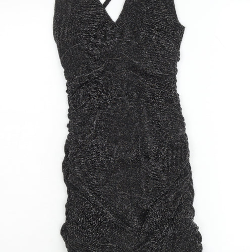 Edge Street Womens Black Glitter Bodycon Ruched Party Dress Size M