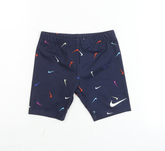 Front view of Nike boys’ blue dri-fit active shorts 6 plus stretch polyester