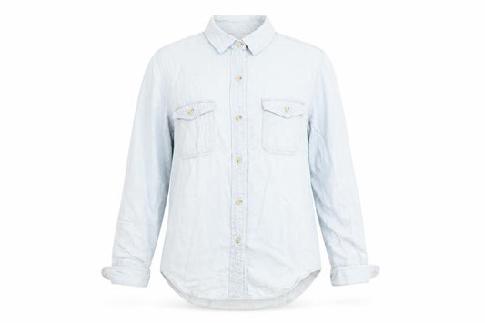 Front view of Universal Thread Women's Blue Denim Button-Up Shirt, size M