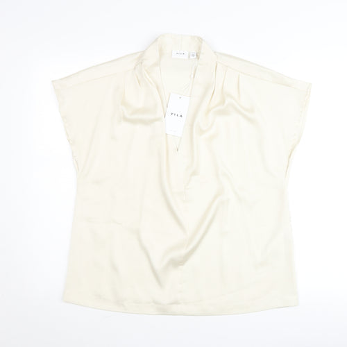 Vila Women’s Ivory V-Neck Short Sleeve Blouse Size 12
