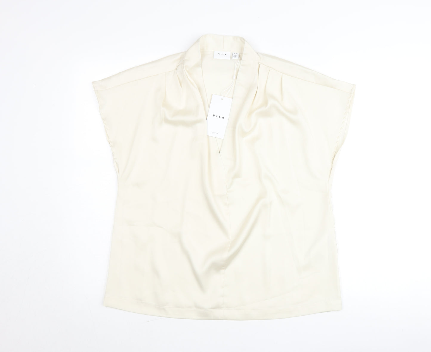 Vila Women’s Ivory V-Neck Short Sleeve Blouse Size 12