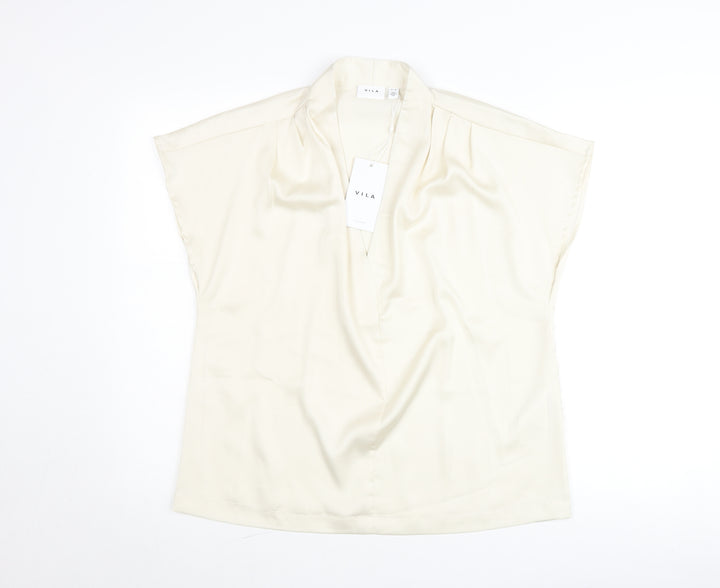 Vila Women’s Ivory V-Neck Short Sleeve Blouse Size 12