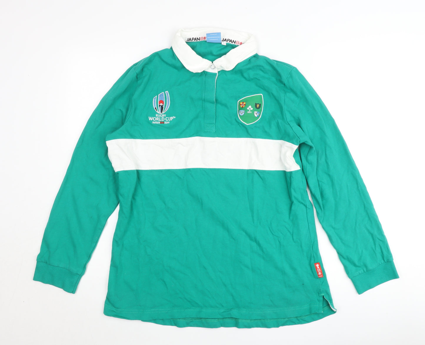 Rugby World Cup 2019 Men's Green L Collared Long Sleeve Cotton Pullover Jumper