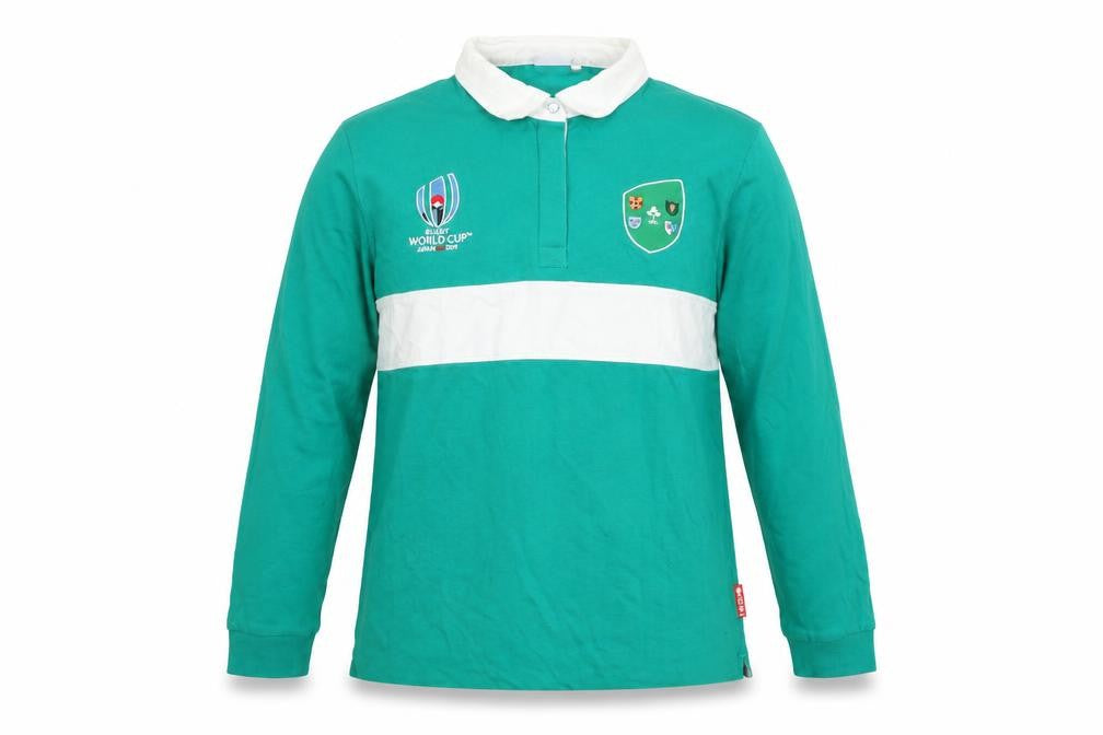 Front view of Rugby World Cup 2019 Men's Green L Collared Long Sleeve Cotton jumper