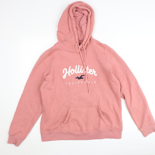 Hollister Women Pink Medium Pullover Hoodie with Logo Print