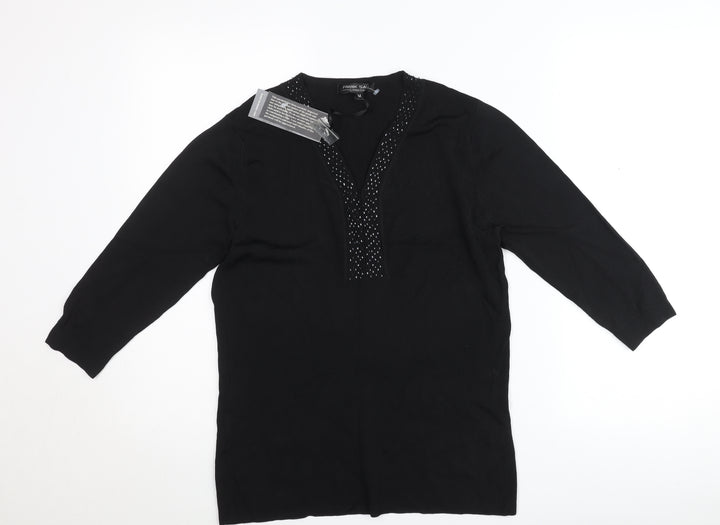 Frank Saul Women’s Black Beaded Tunic Top Medium 3/4 Sleeve