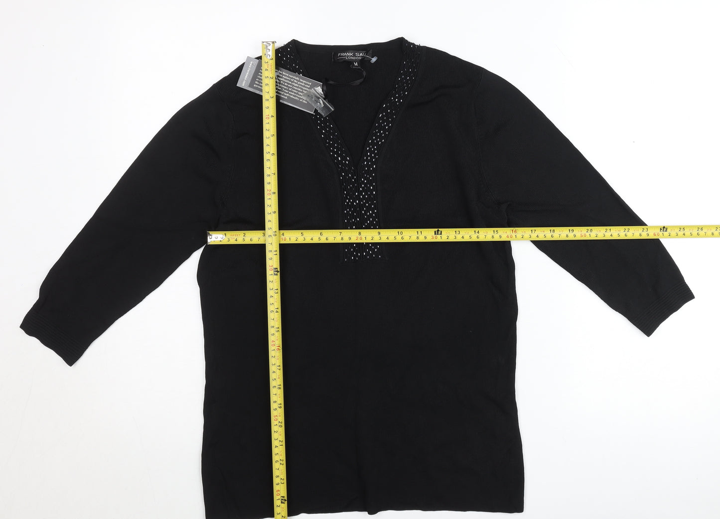 Frank Saul Women’s Black Beaded Tunic Top Medium 3/4 Sleeve