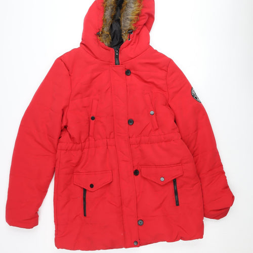 Boohoo Women’s Red Faux Fur Hooded Parka Coat Size 10