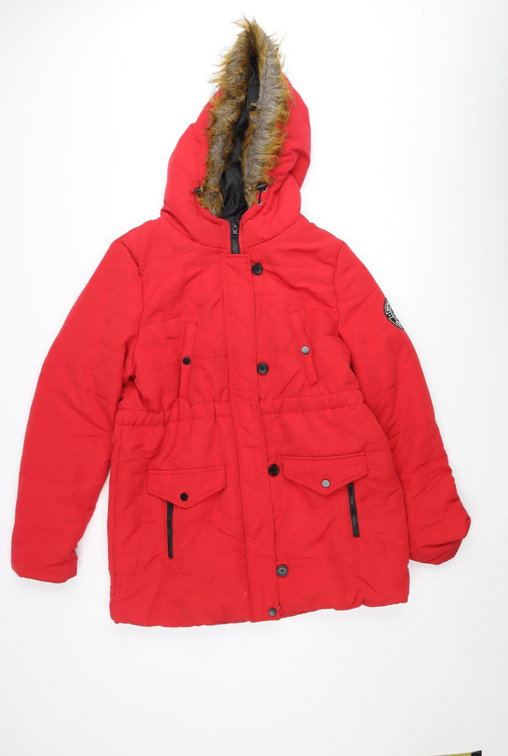 Boohoo Women’s Red Faux Fur Hooded Parka Coat Size 10