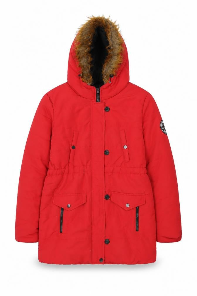 Boohoo Women’s Red Faux Fur Hooded Parka Coat Size 10