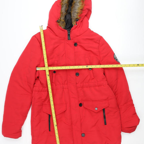 Boohoo Women’s Red Faux Fur Hooded Parka Coat Size 10
