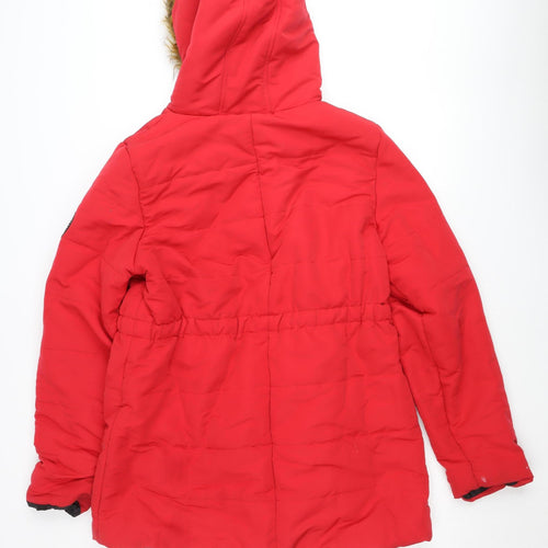 Boohoo Women’s Red Faux Fur Hooded Parka Coat Size 10