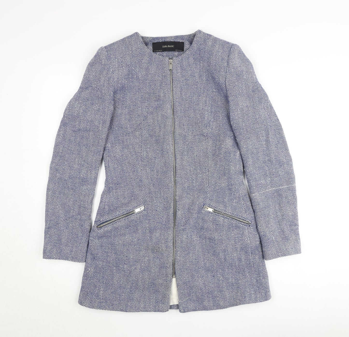 Zara Basic Women's Blue Mid-Length Zip Tweed Jacket Size S