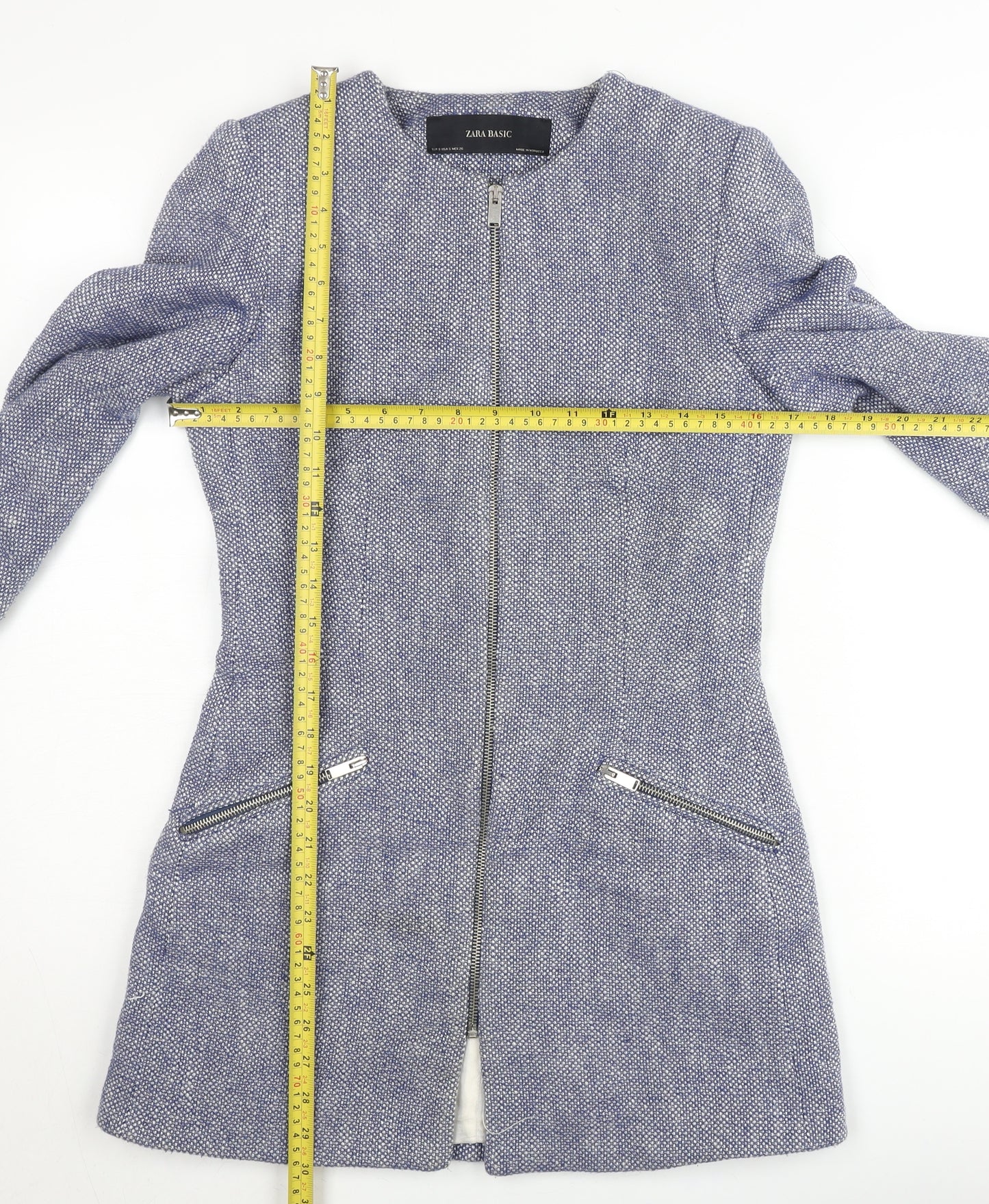 Zara Basic Women's Blue Mid-Length Zip Tweed Jacket Size S