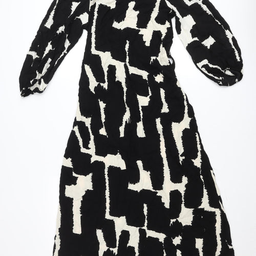 New Look Women’s Black & White Geometric Midi Dress Size 8 Long Sleeve High Neck