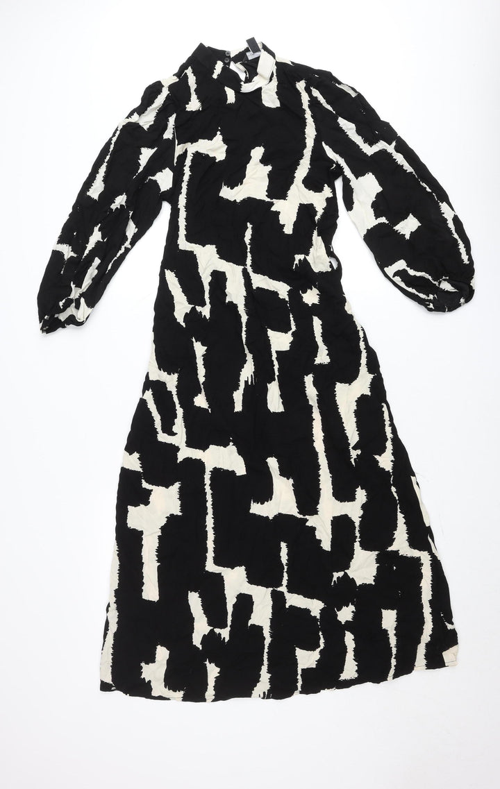 New Look Women’s Black & White Geometric Midi Dress Size 8 Long Sleeve High Neck