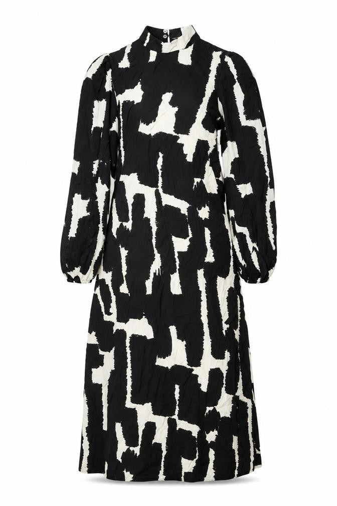 New Look Women’s Black & White Geometric Midi Dress Size 8 Long Sleeve High Neck