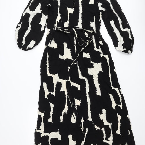New Look Women’s Black & White Geometric Midi Dress Size 8 Long Sleeve High Neck