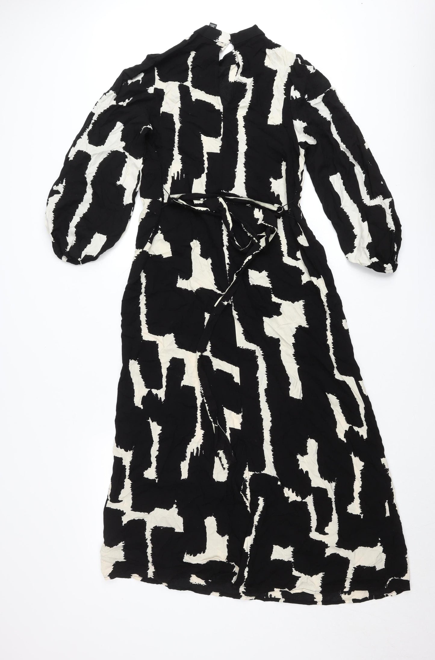 New Look Women’s Black & White Geometric Midi Dress Size 8 Long Sleeve High Neck