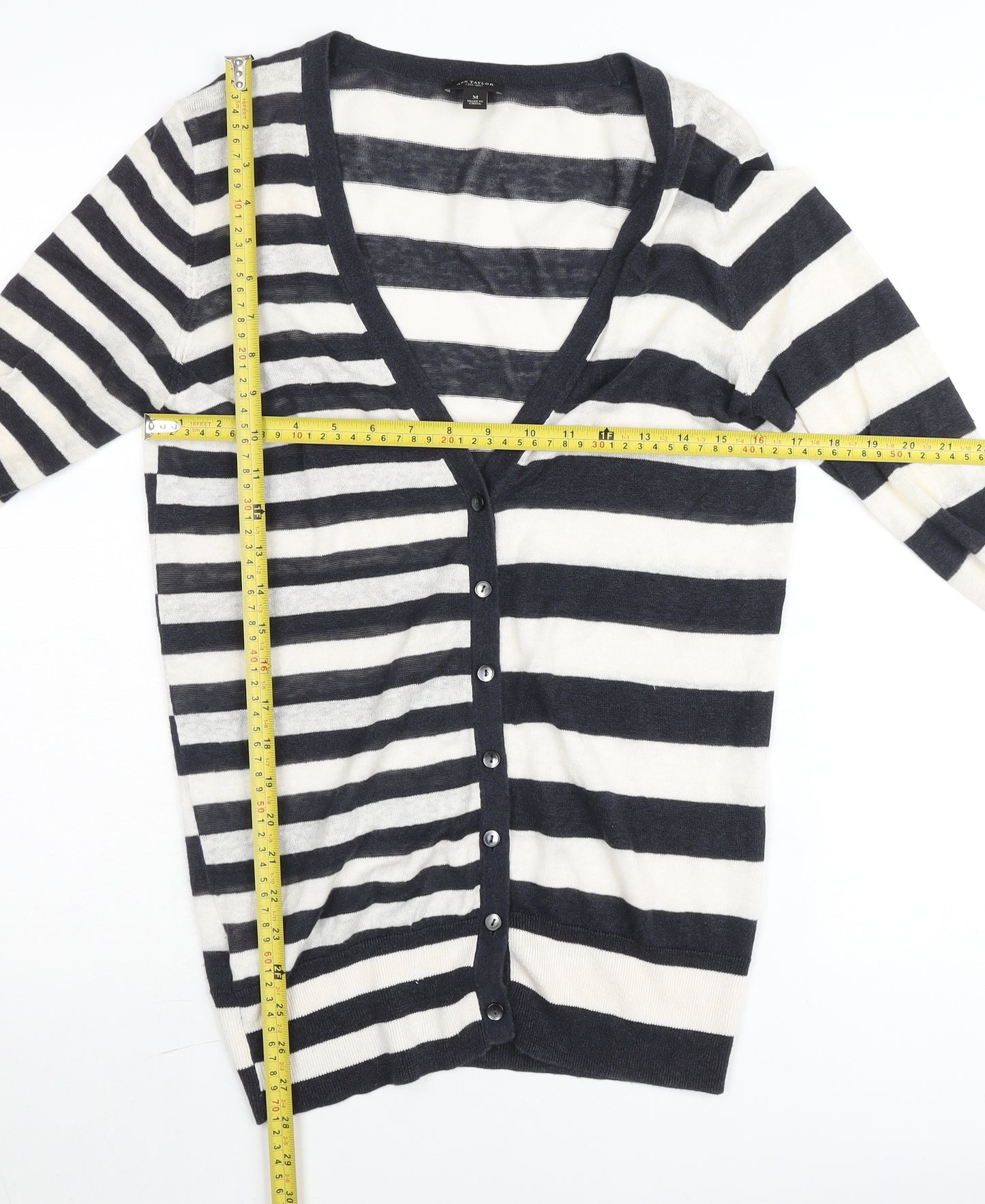 Ann Taylor Women’s Black White Stripe V-Neck Cardigan M