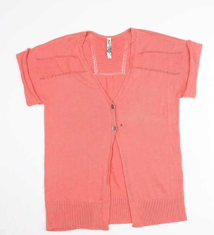 Paco Knits Women Pink Short Sleeve V-Neck Cardigan Size S