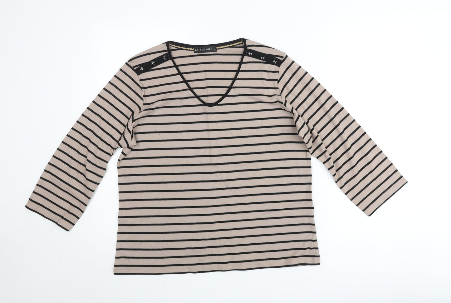 Just Elegance Women’s Beige Black Striped V-Neck 3/4 Sleeve Jumper Size 18
