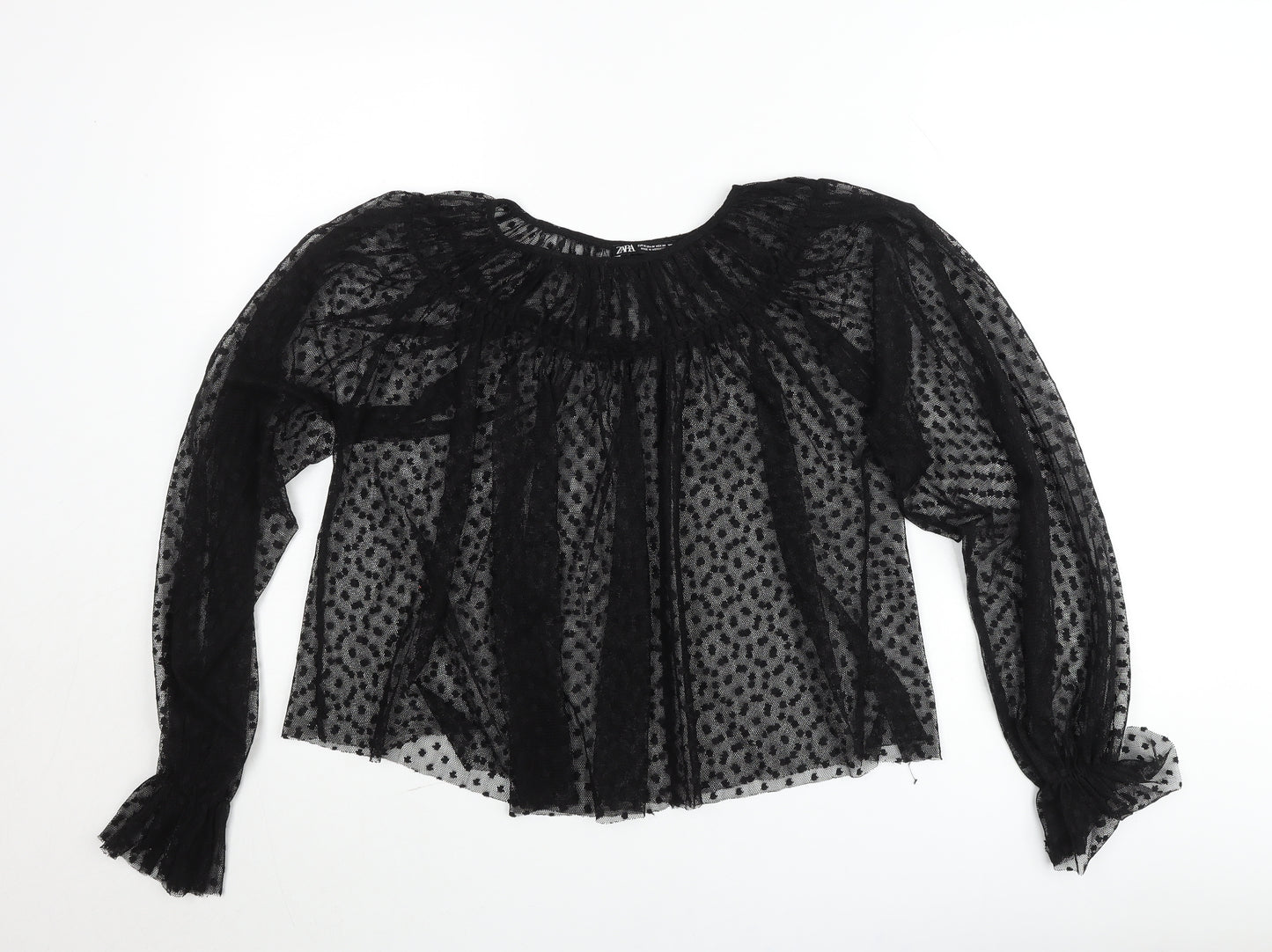 Zara Women Black Polka Dot Sheer Tunic Blouse Size 12
