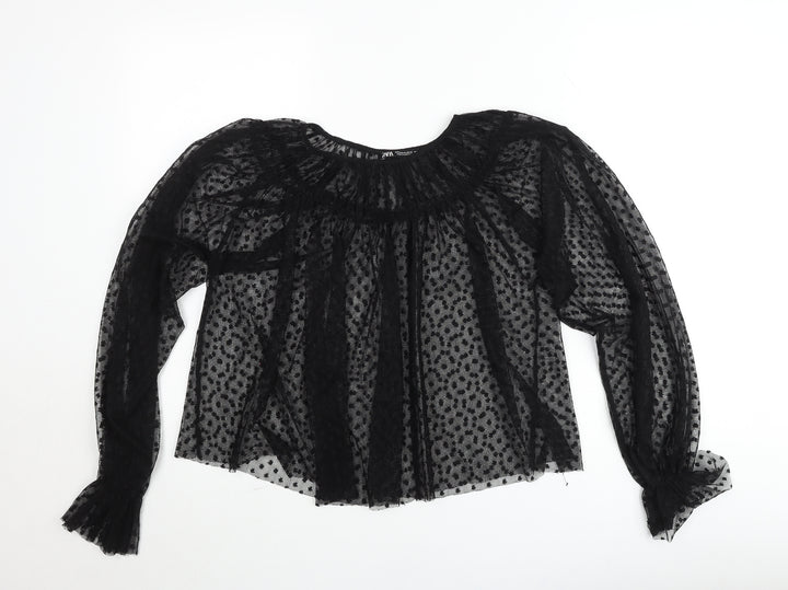 Zara Women Black Polka Dot Sheer Tunic Blouse Size 12